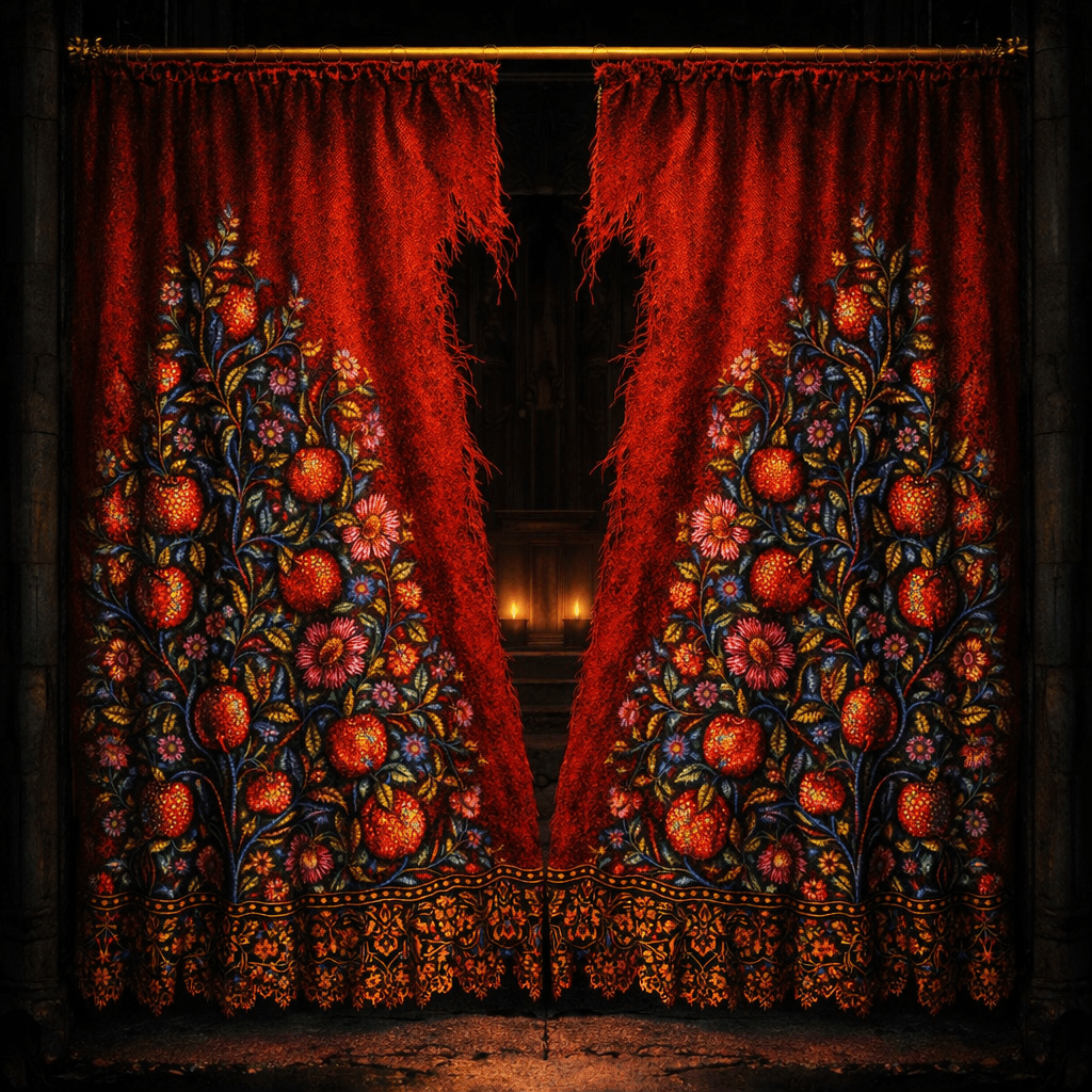 Vintage lace curtains with floral embroidery and a large central tear