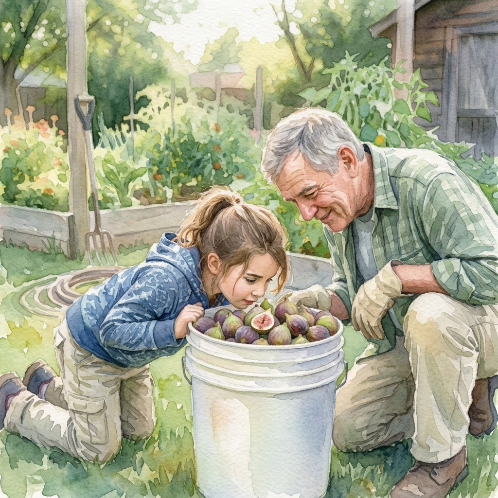 Grandfather and child looking into a white bucket in a garden